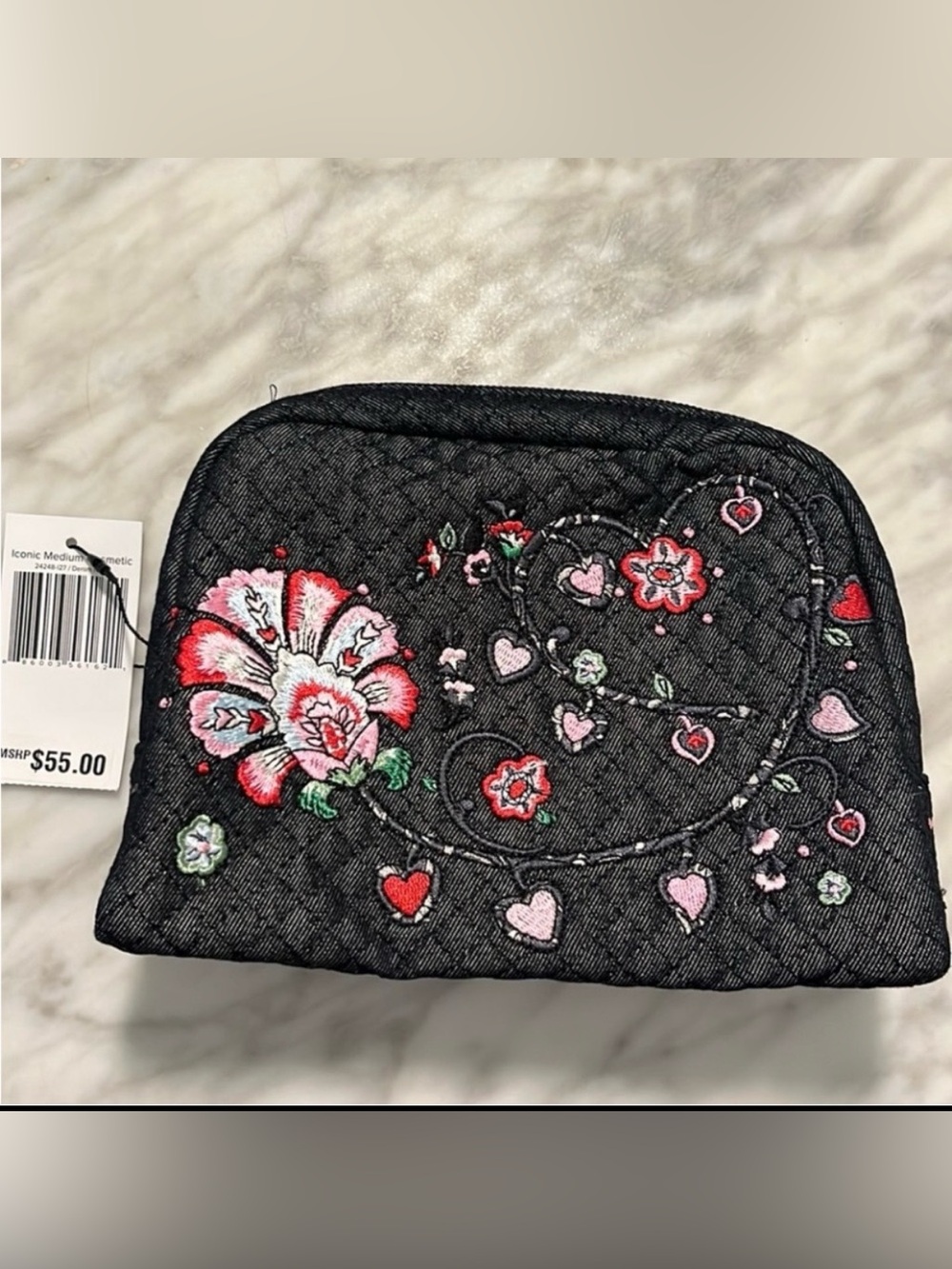 🎉HP🎉Vera Bradley Stitched Hearts Denim Medium Cosmetic Makeup Bag Pouch NWT